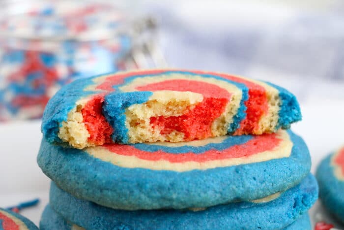 red, white and blue cookies cut in half