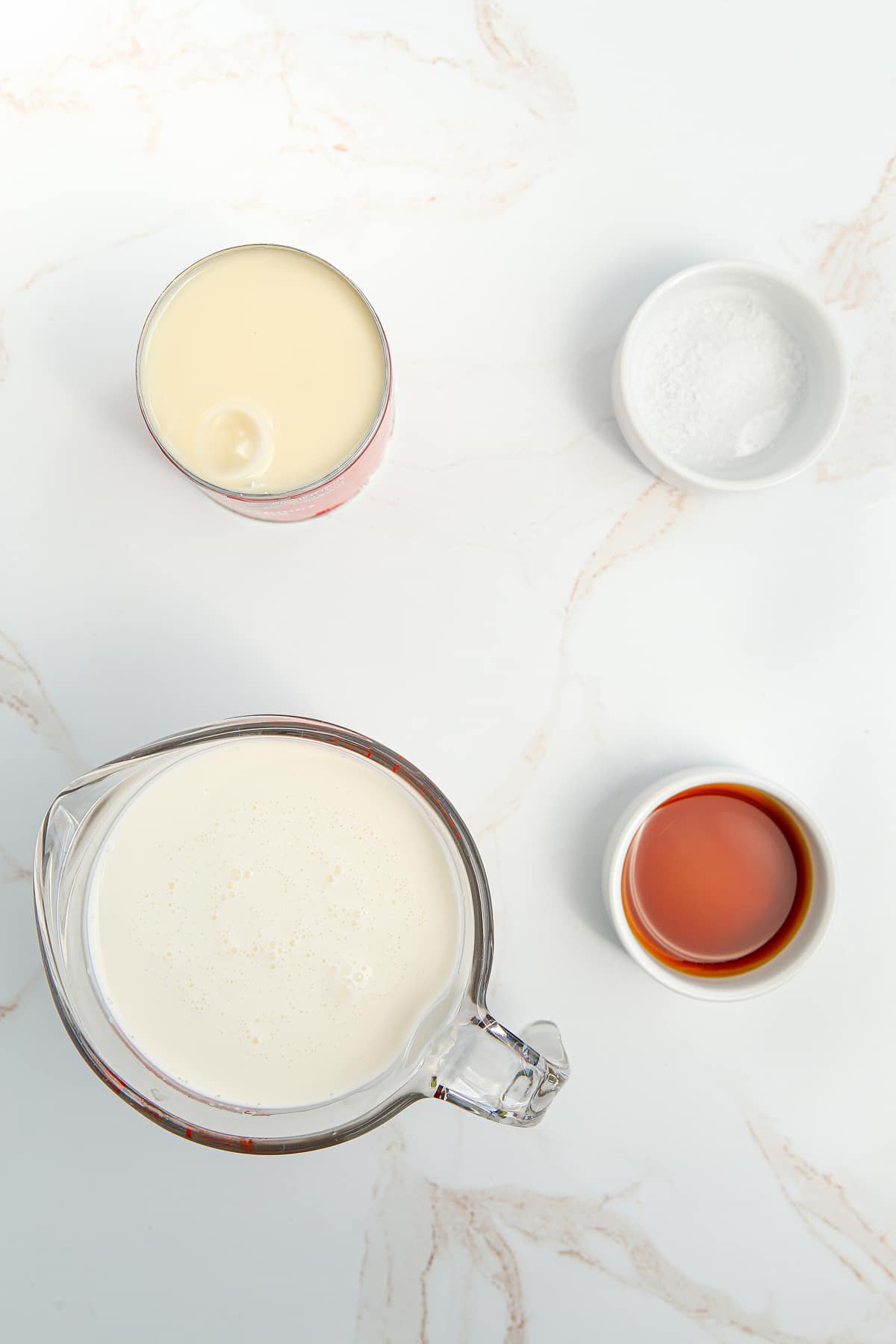 Overhead view of homemade vanilla ice cream ingredients