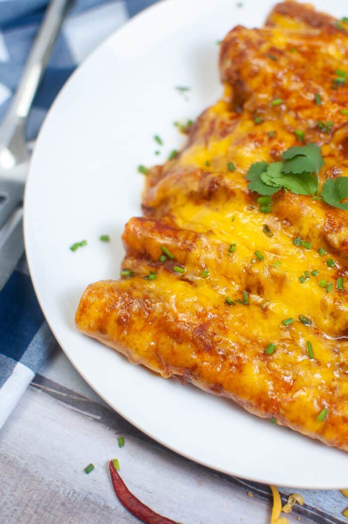 Air Fryer Enchiladas garnished with chives.