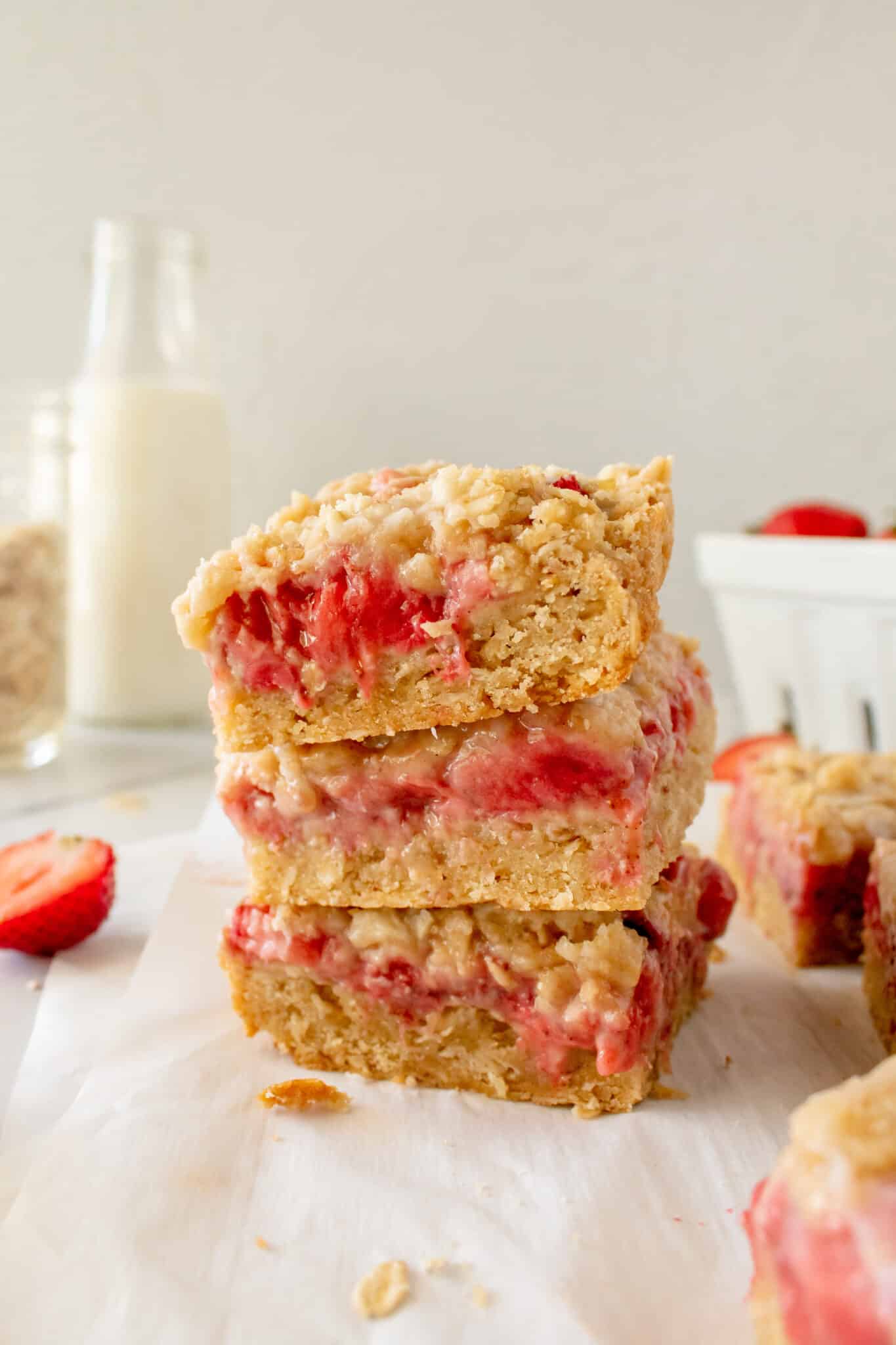 A stack of three strawberry bars.