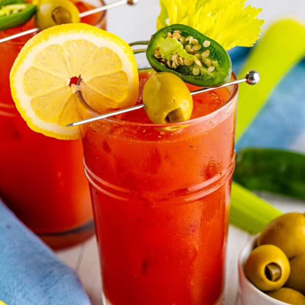 Bloody Mary in a clear glass.