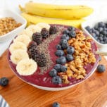 Blueberry Smoothie Bowl topped with blueberries and bananas.