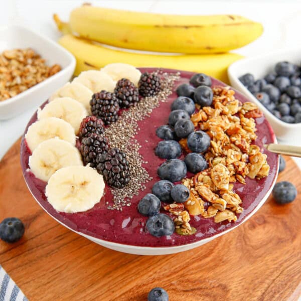 Blueberry Smoothie Bowl topped with blueberries and bananas.