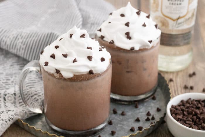 Boozy Frozen Hot Chocolate topped with whipped cream.