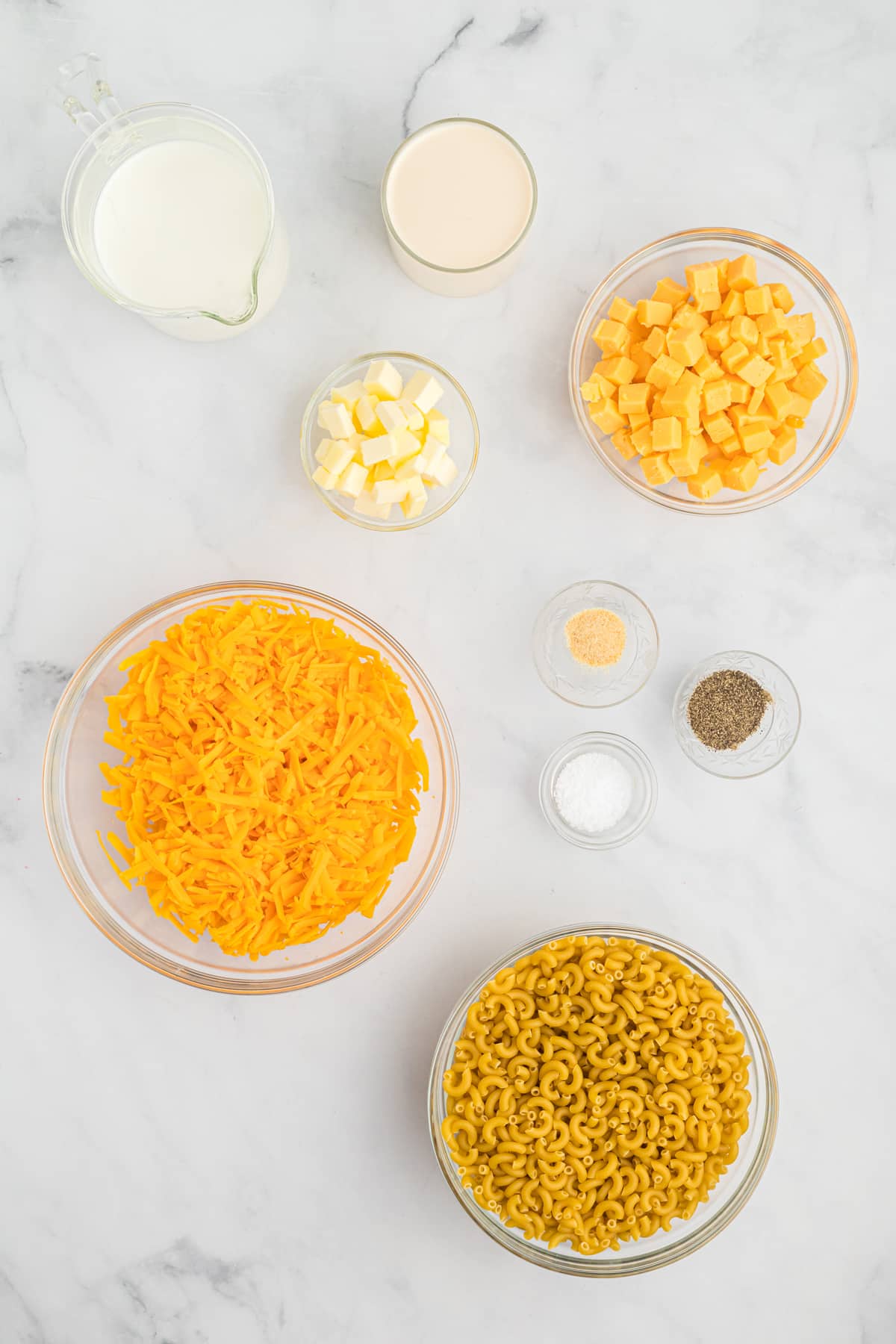 Overhead view of crock pot mac and cheese ingredients