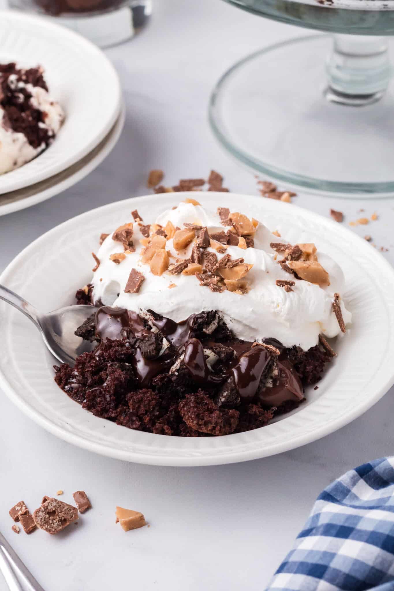 Death By Chocolate Trifle in a white bowl.