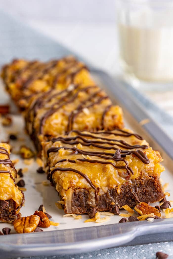 German Chocolate Brownies on parchment paper.