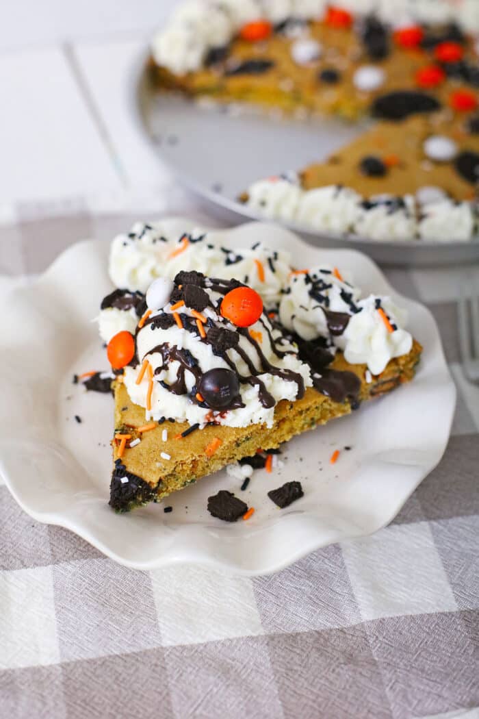 Halloween Cookie Cake topped with ice cream.