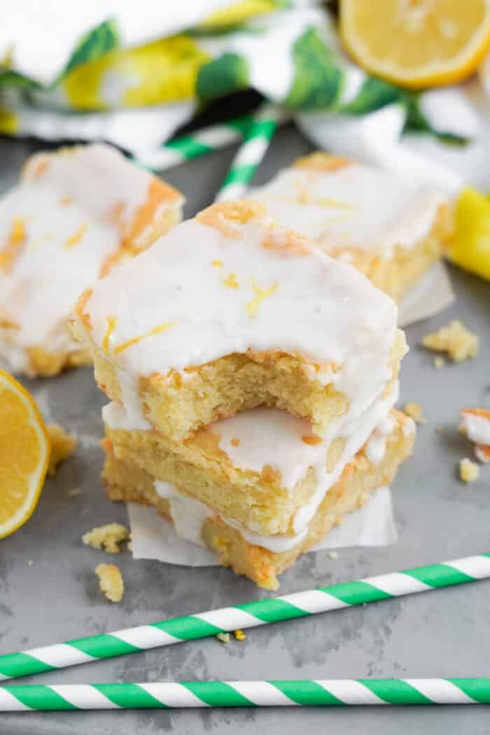 Lemon Cookie Bars with a bite taken out.