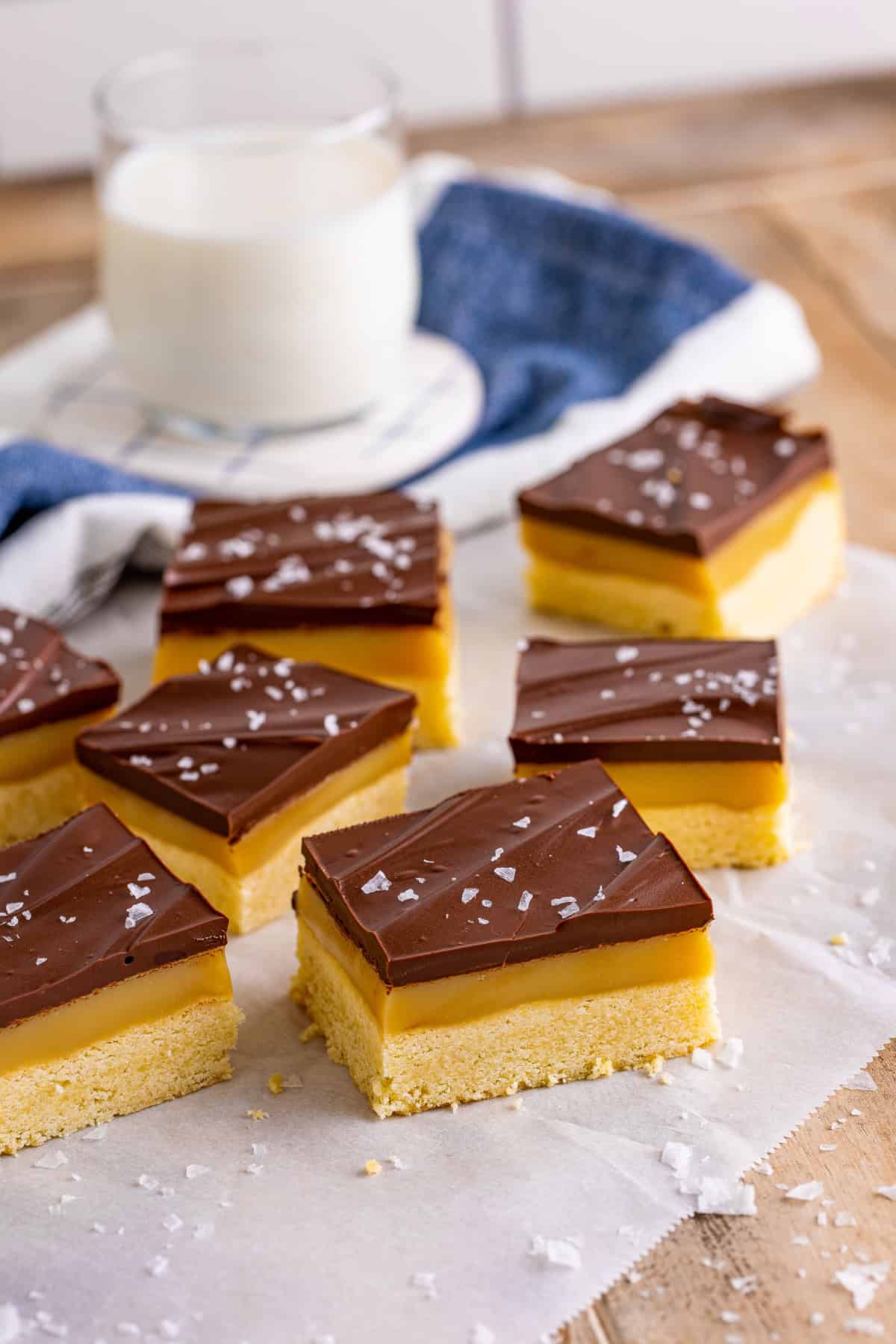 Millionaire shortbread bars on parchment paper