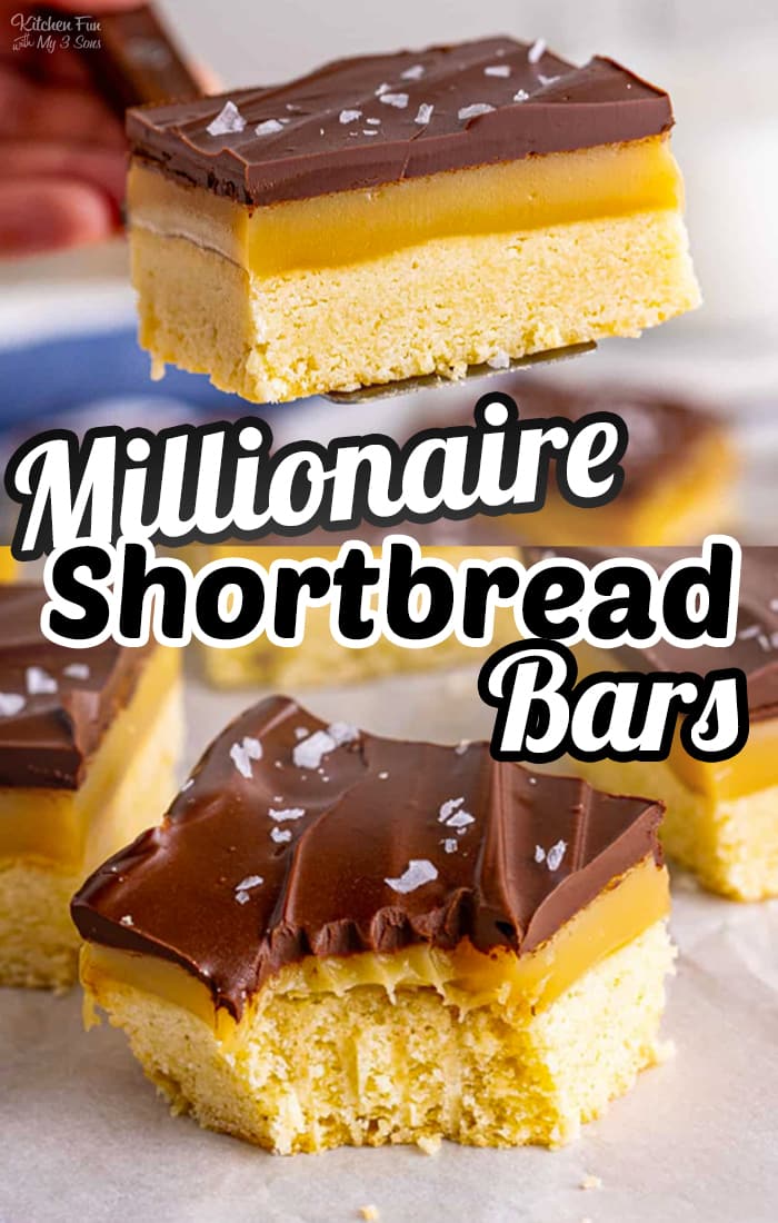 Millionaire Shortbread Bars are a delicious dessert layered with a soft shortbread crust, creamy caramel filling, chocolate and flaky sea salt.