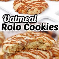 Oatmeal Rolo Cookies are soft, chewy, and filled with chocolate chips and chopped Rolo candy then drizzled with a caramel ganache.