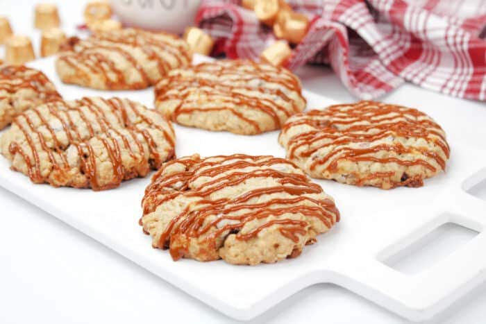 Oatmeal Rolo Cookies on a white table.