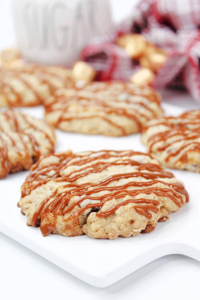 Oatmeal Rolo Cookies drizzled with caramel.