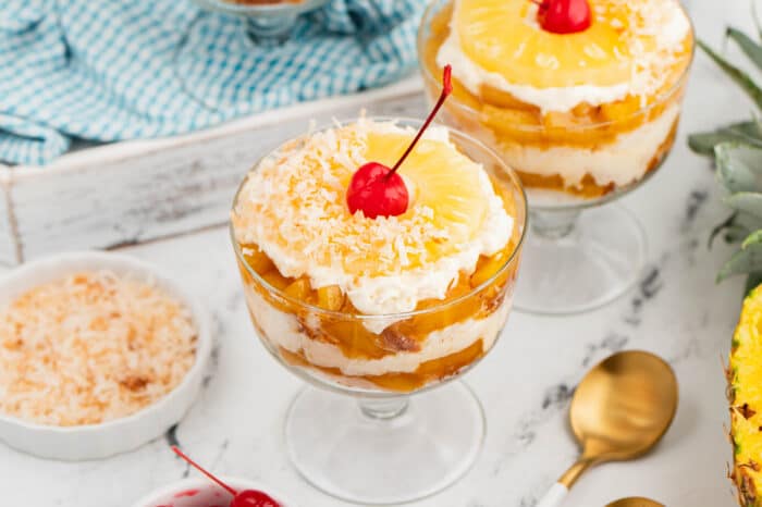 Pineapple Trifle in a clear dish.