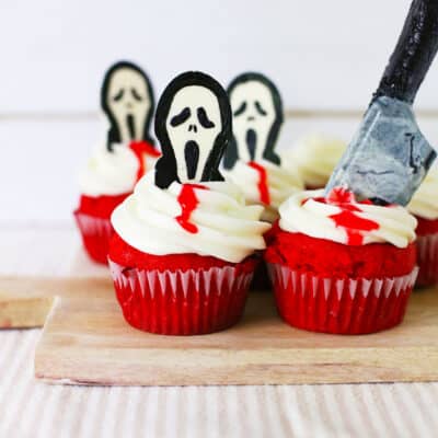 Scream Cupcakes on wooden board.