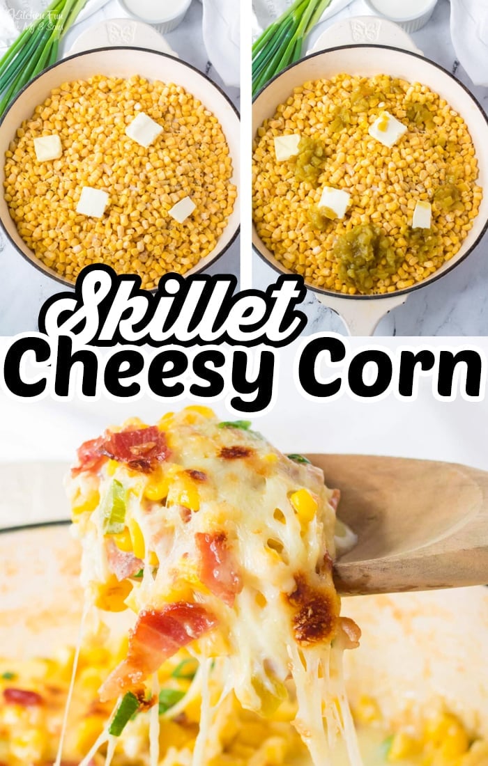 Skillet Cheesy Corn is a thick, creamy, and cheesy corn recipe topped with crispy and smokey bacon that will just melt in your mouth.