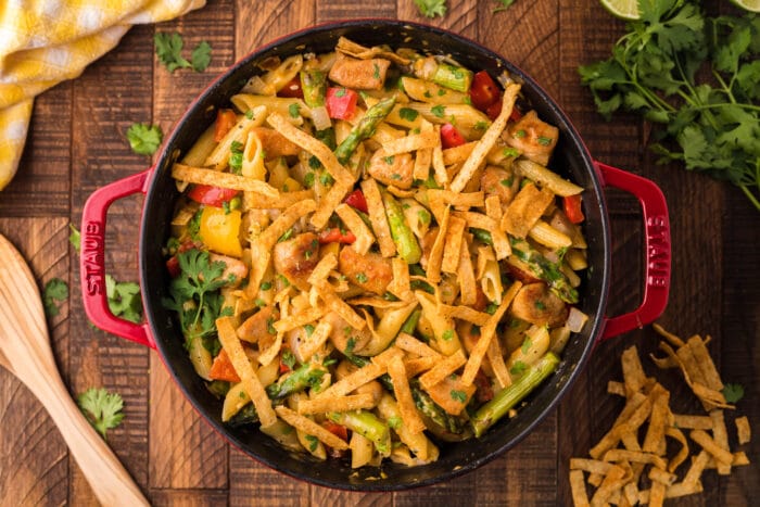 Spicy Chicken Chipotle Pasta in a red pan.