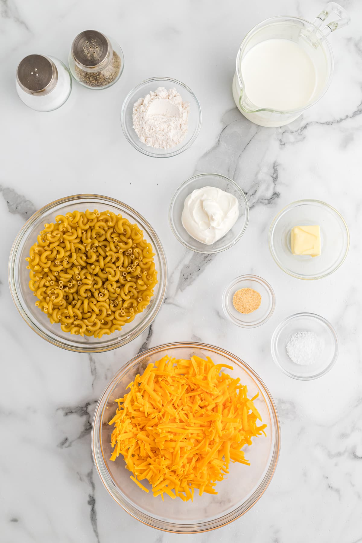 Overhead view of stovetop mac and cheese ingredients