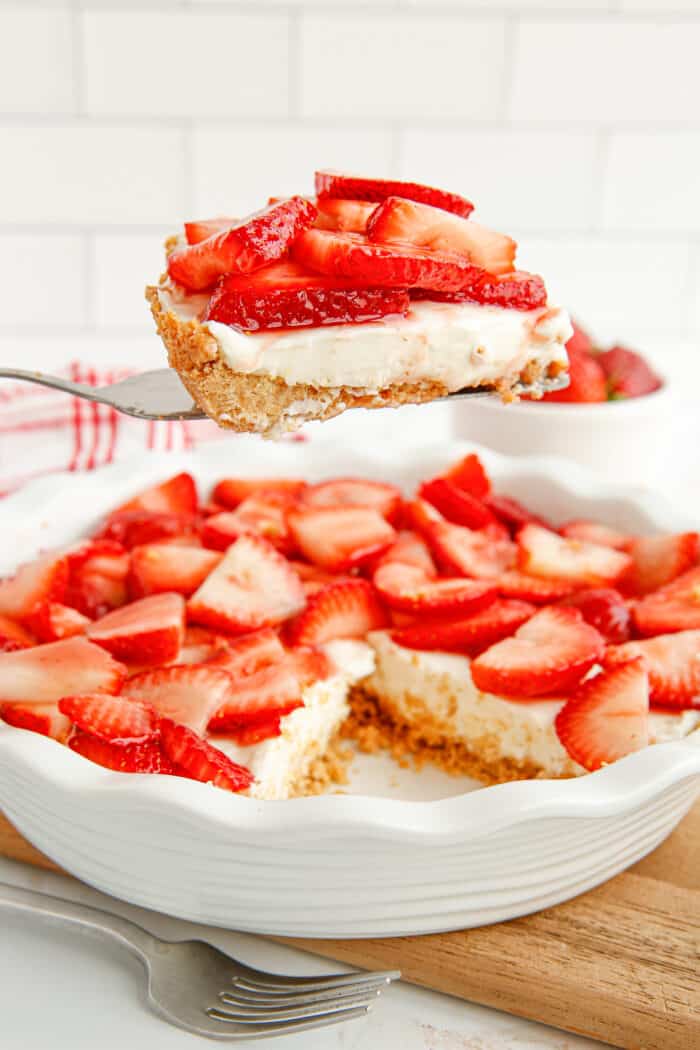 Strawberry Cream Cheese Pie in a white baking dish