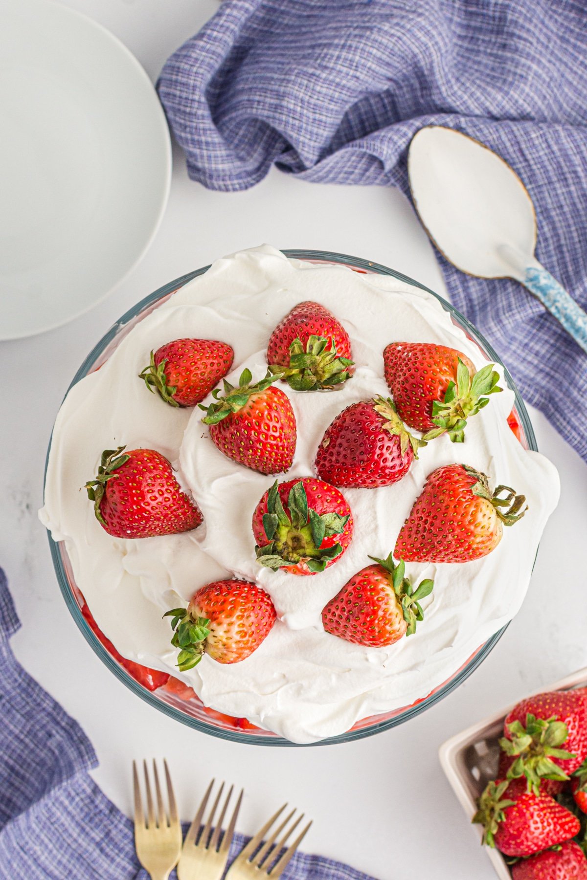 Strawberry Trifle topped with fresh strawberries.