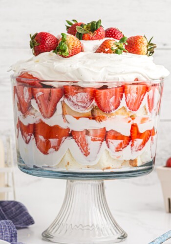 Strawberry Trifle in a trifle dish.