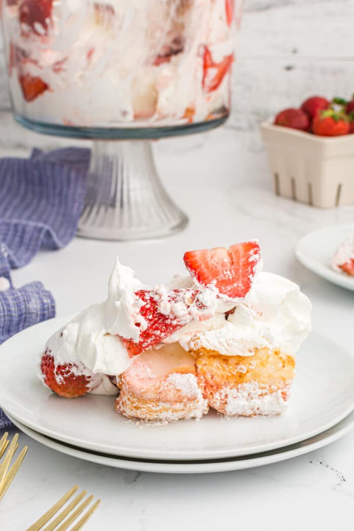 Strawberry Trifle on a white plate.