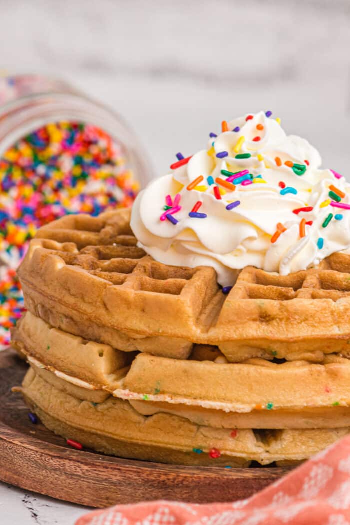 Birthday Cake Waffles with whipped cream
