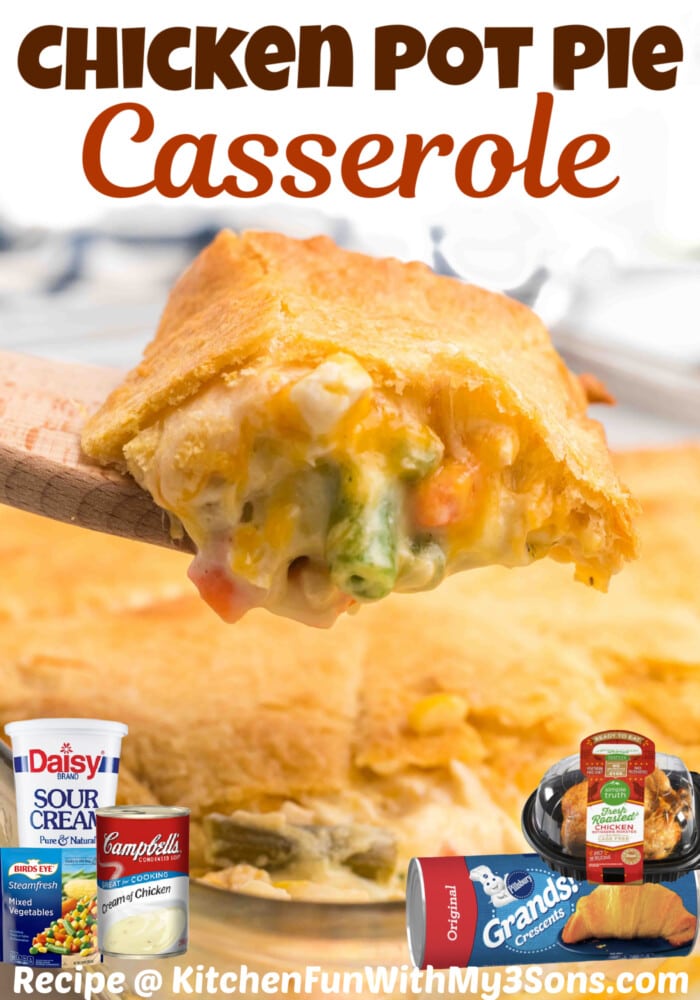 With a flaky, buttery crescent roll crust, this Chicken Pot Pie Casserole is the ultimate comfort food. This quick & easy casserole uses frozen veggies and canned soup to keep prep to a minimum without sacrificing any flavor. 