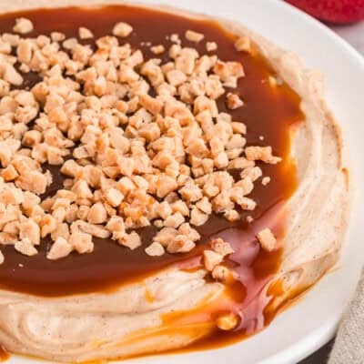 Close side view of a plate of caramel apple dip