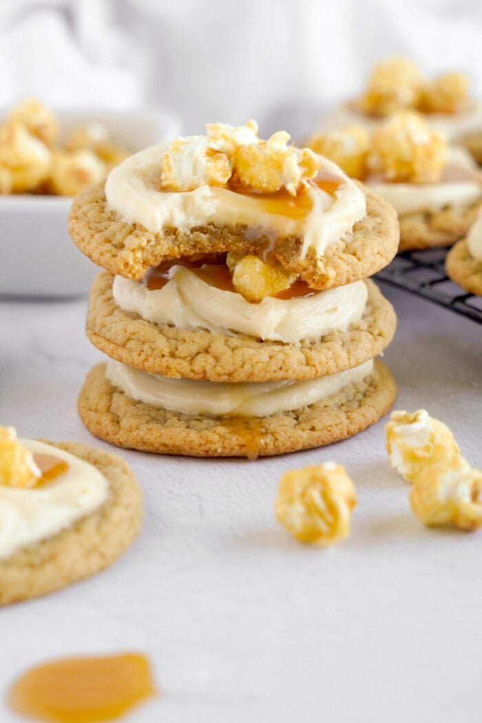 Caramel Corn Cookies stacked on top of each other.
