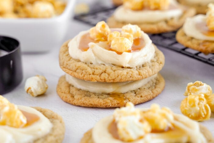 Caramel Corn Cookies on a white table.