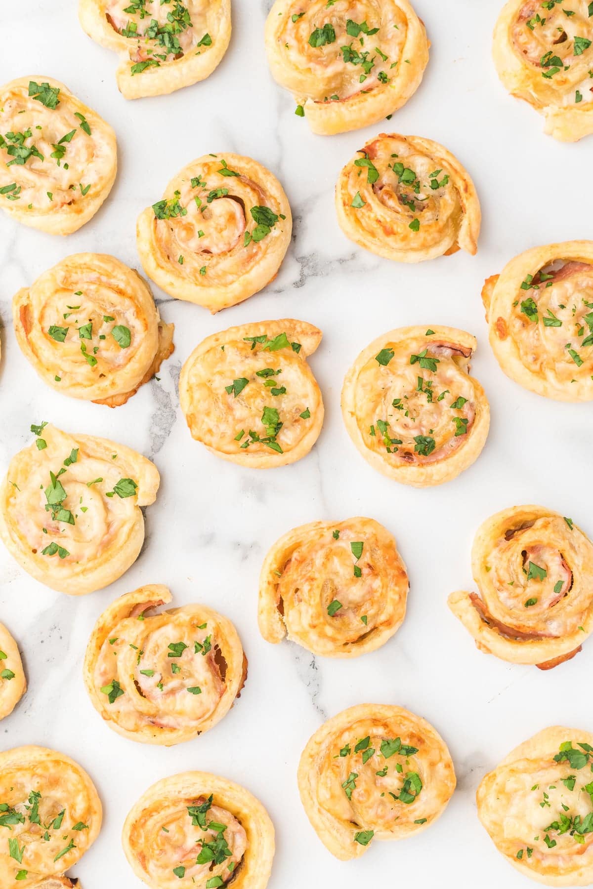 Overhead view of ham and cheese pinwheels