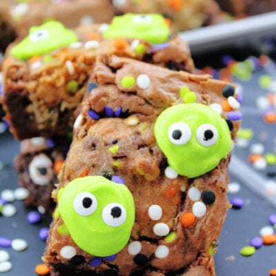 A close up of the Monster Cookie Brownies.