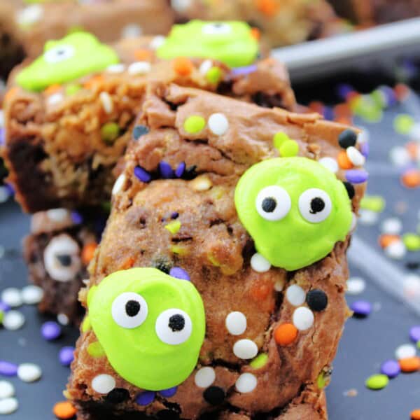 A close up of the Monster Cookie Brownies.