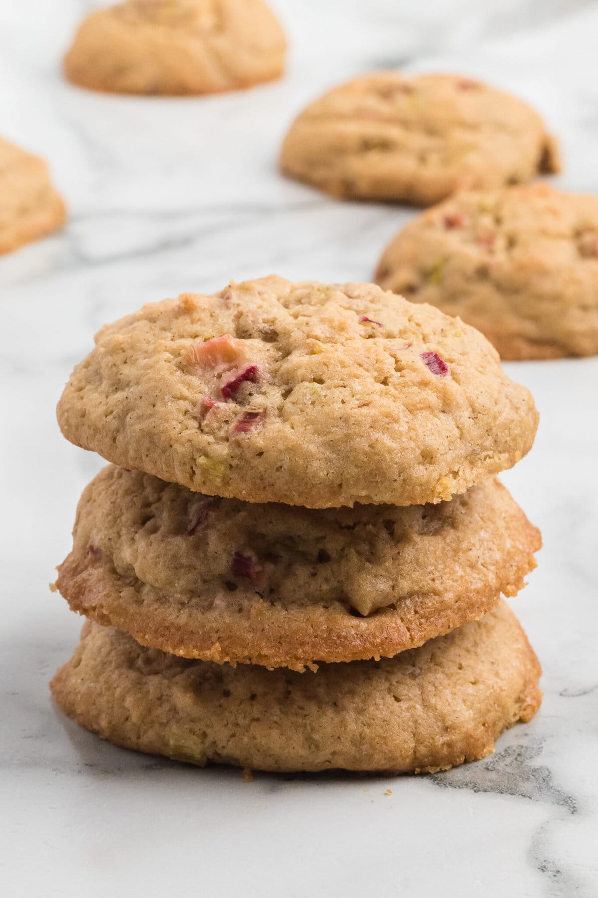 Rhubarb Cookies stacked on top of each other.