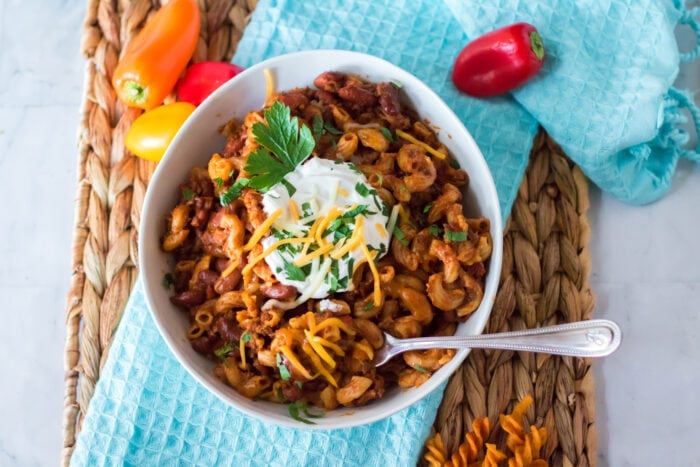 Slow Cooker Chili Mac on a white table.