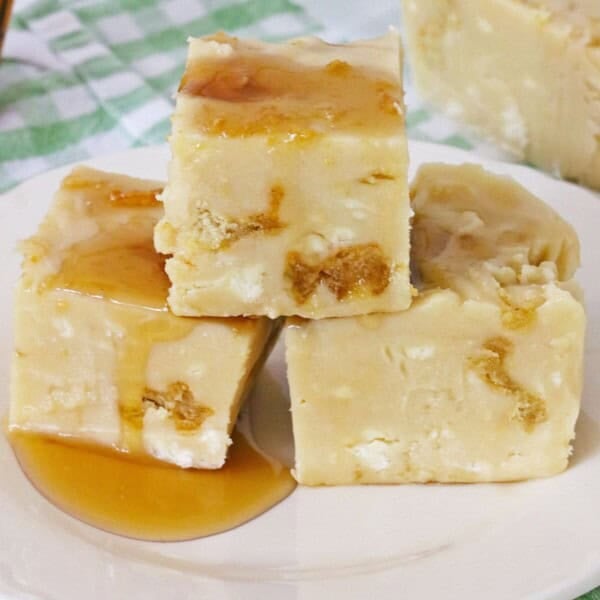 Syrup and Waffles Fudge on a white plate.