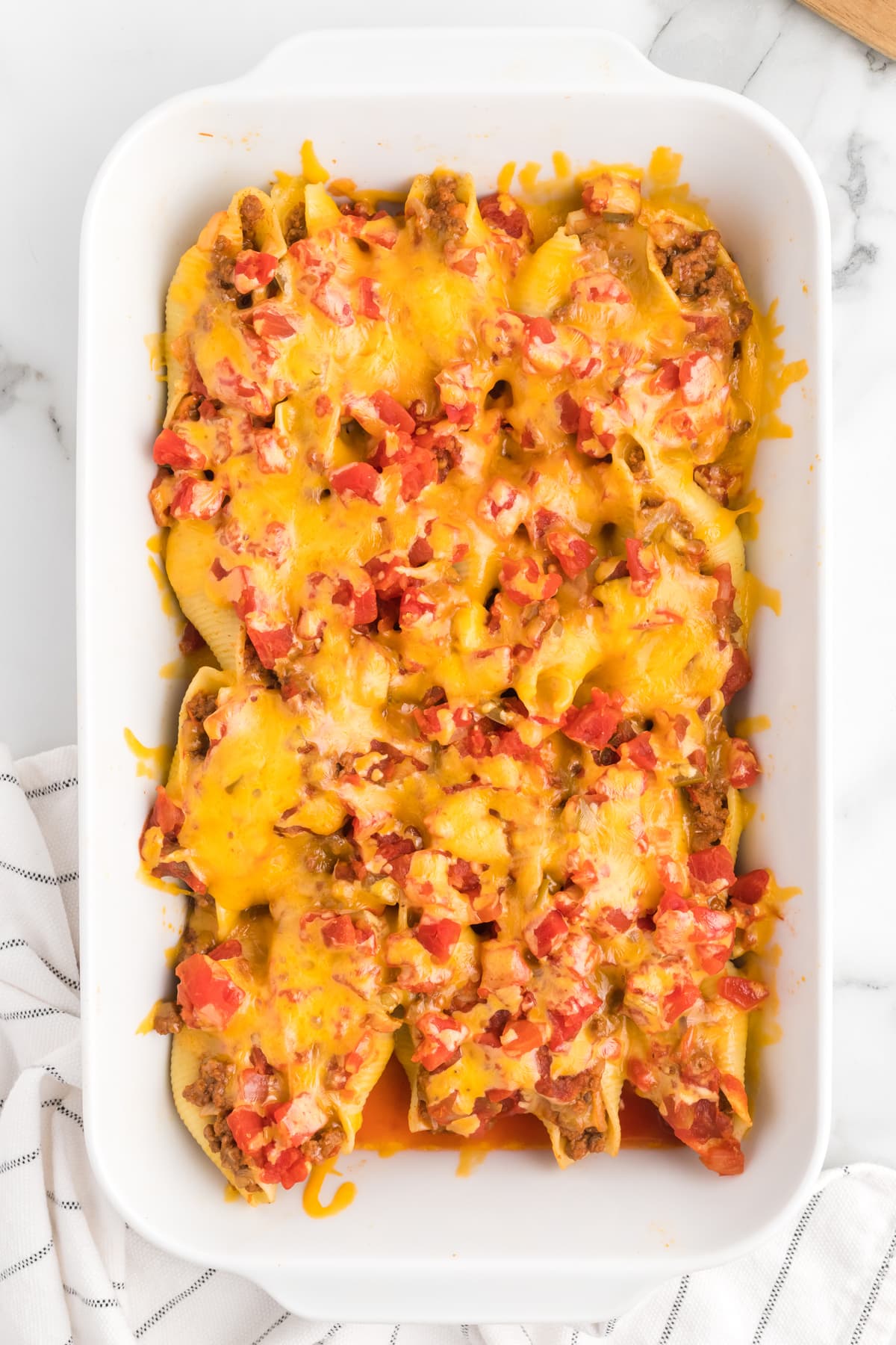 Mexican stuffed shells in a baking dish