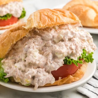 Angled view of a tuna salad sandwich on a croissant