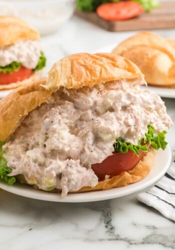 Angled view of a tuna salad sandwich on a croissant