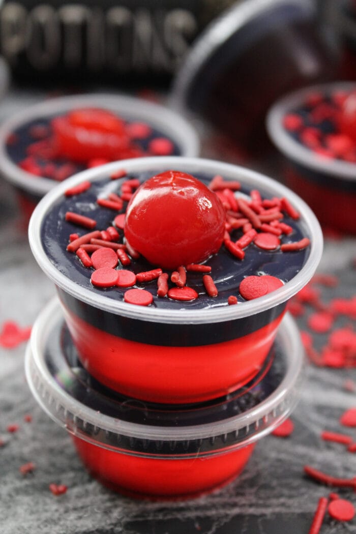 Vampire Kiss Jello Shots with a cherry on top.