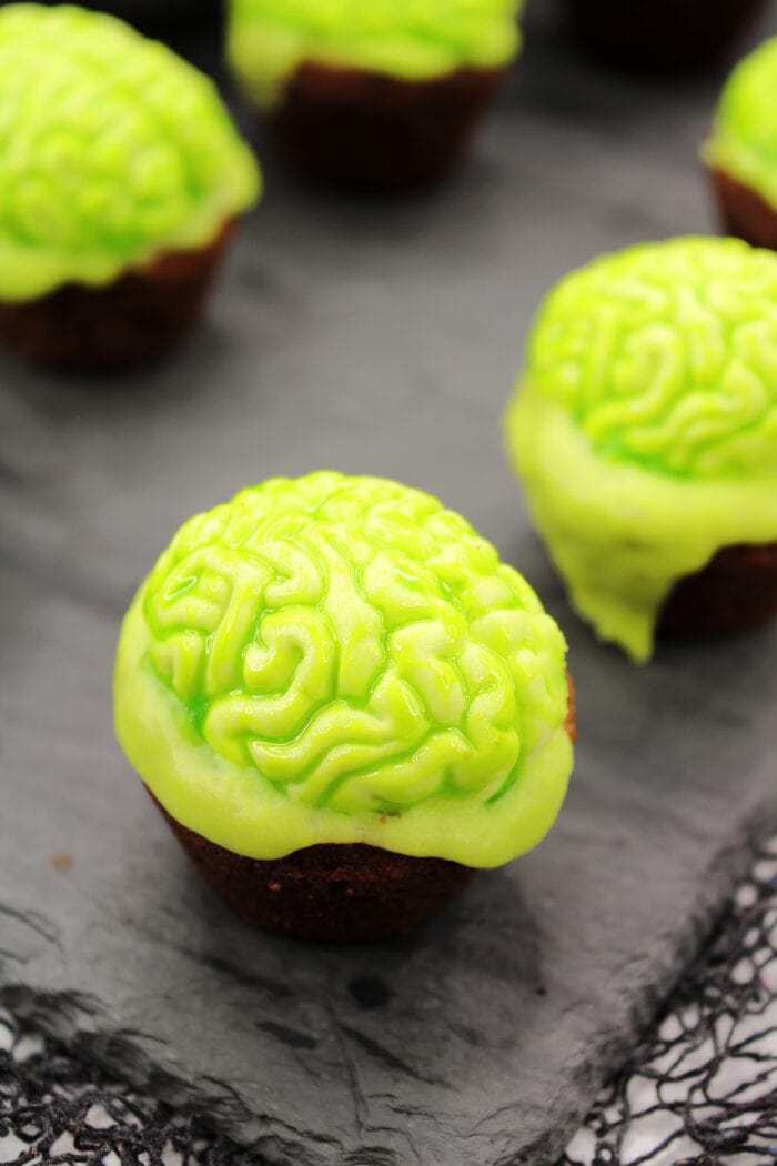 Zombie Brain Brownies on a table.