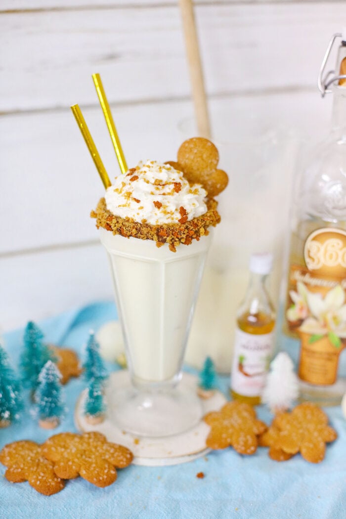 boozy gingerbread milkshake in a tall glass