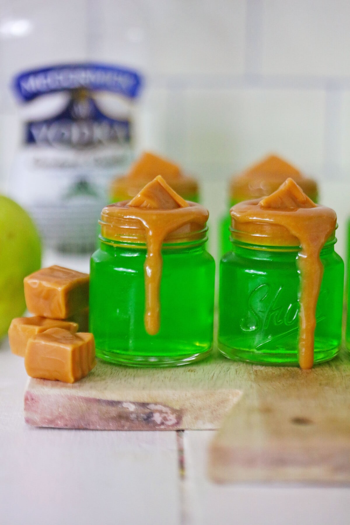 Caramel Apple Jello Shots in glass mason jars