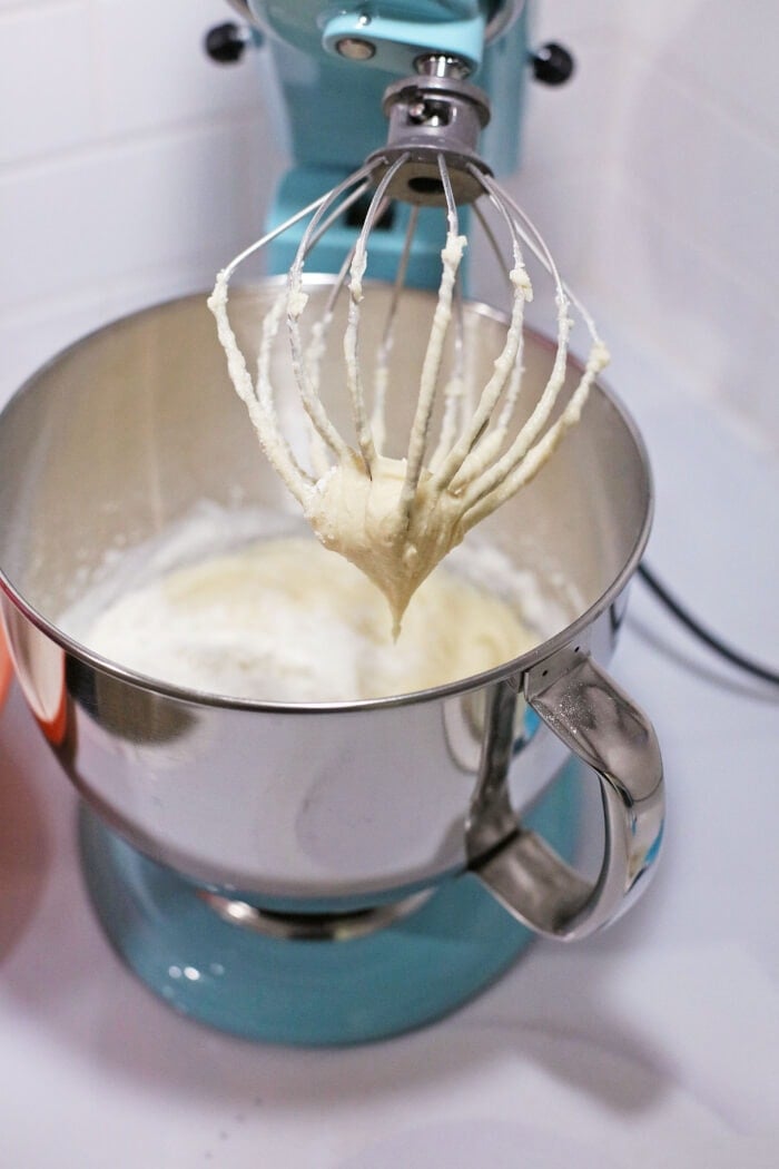 cake batter on a mixer