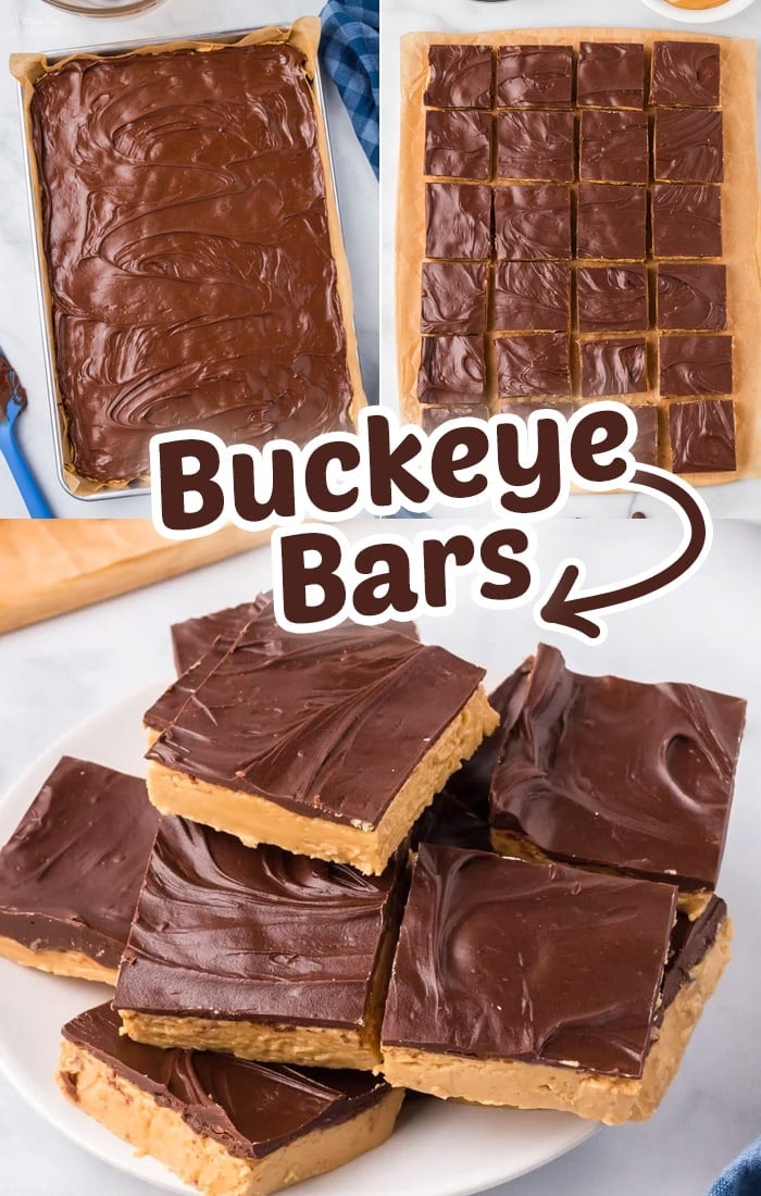 Buckeye Bars are soft no-bake desserts with a thick peanut butter base and topped with a chocolatey ganache. 