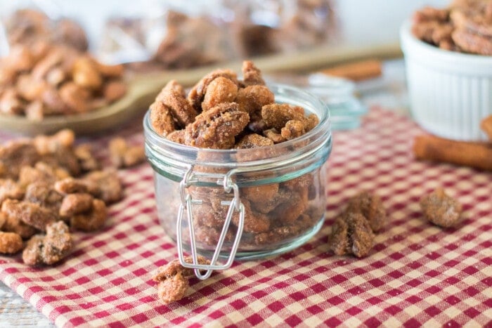 Candied Nuts in a clear jar.