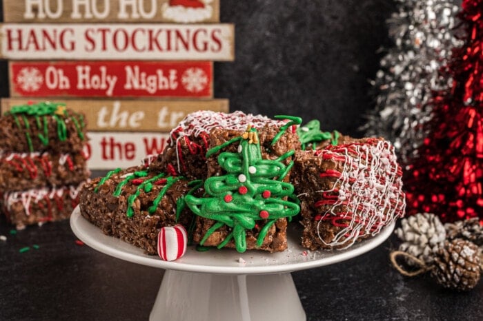 Chocolate Peppermint Rice Krispie Treats on a white stand.