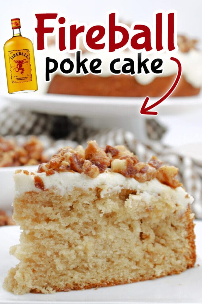 This Fireball Poke Cake recipe is infused with Fireball whiskey and topped with a decadent glaze and roasted whiskey candied pecans.